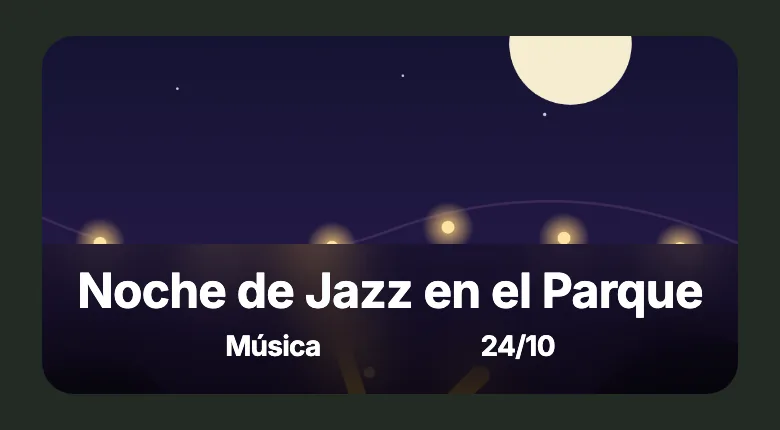 Banner de la pestaña Destacados de la app con el evento de ejemplo "Noche de Jazz en el Parque": el flyer de fondo con el nombre, la categoría y la fecha encima