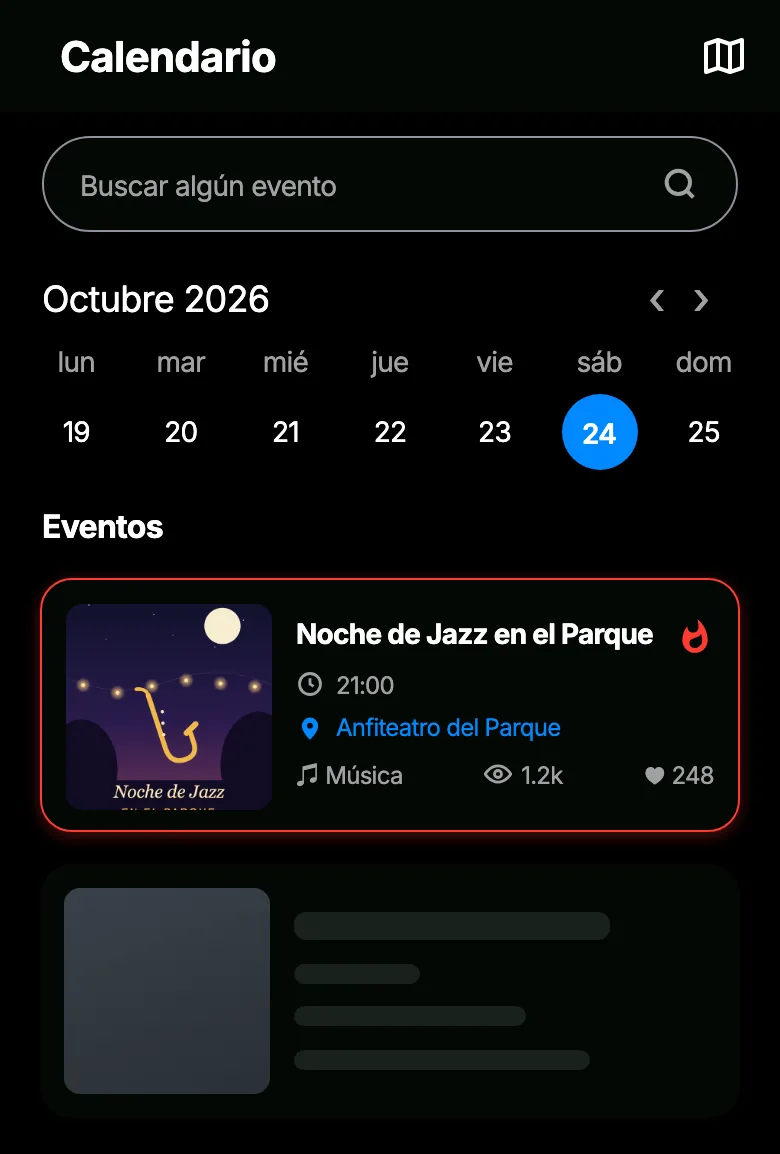 Calendario de la app con el evento de ejemplo "Noche de Jazz en el Parque" destacado con borde rojo y un ícono de fuego junto al nombre