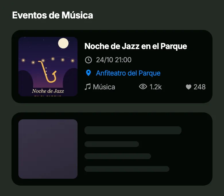 Lista "Eventos de Música" de la app con el evento de ejemplo "Noche de Jazz en el Parque" primero, con fecha, lugar, vistas y me gusta