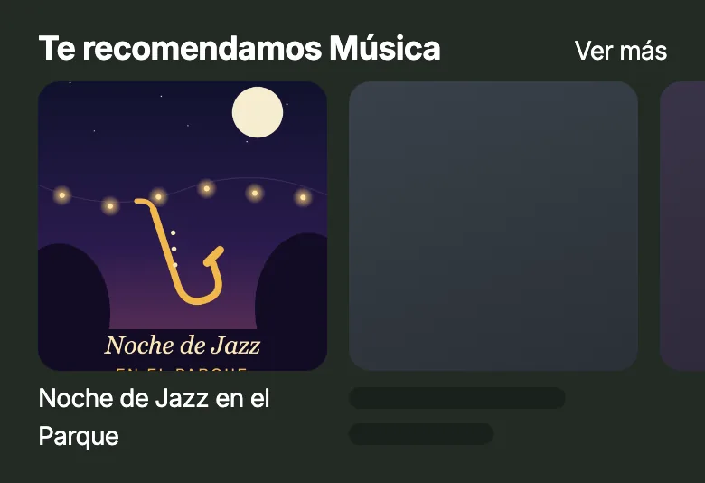 Fila "Te recomendamos Música" de la app con el evento de ejemplo "Noche de Jazz en el Parque" en el primer lugar