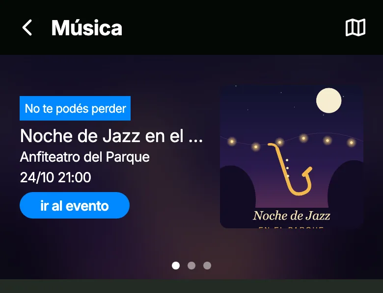 Carrusel de la categoría Música en la app con el evento de ejemplo "Noche de Jazz en el Parque", con el lugar, la fecha y la hora